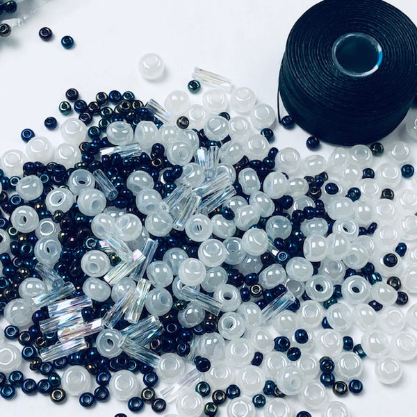 Beautiful Bag of Beads: shiny dark blue and pearl, clear