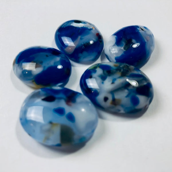 5 Fused Glass Cabochons, blue, white mottled