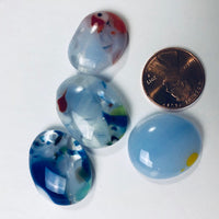 4 Fused Glass Cabochons, blue, white mottled