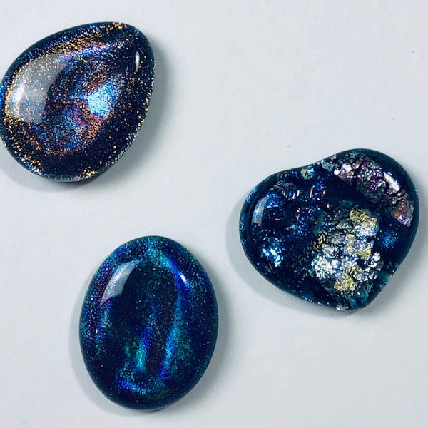 3 shaped Dichroic Glass Cabochons, blue, silver, pink – Lyric Art